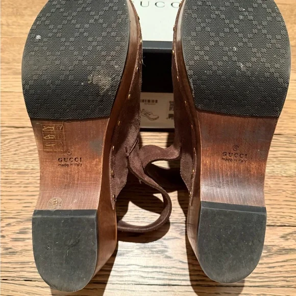 Gucci Brown Suede Mules with Gold Accents - Picture 6 of 7